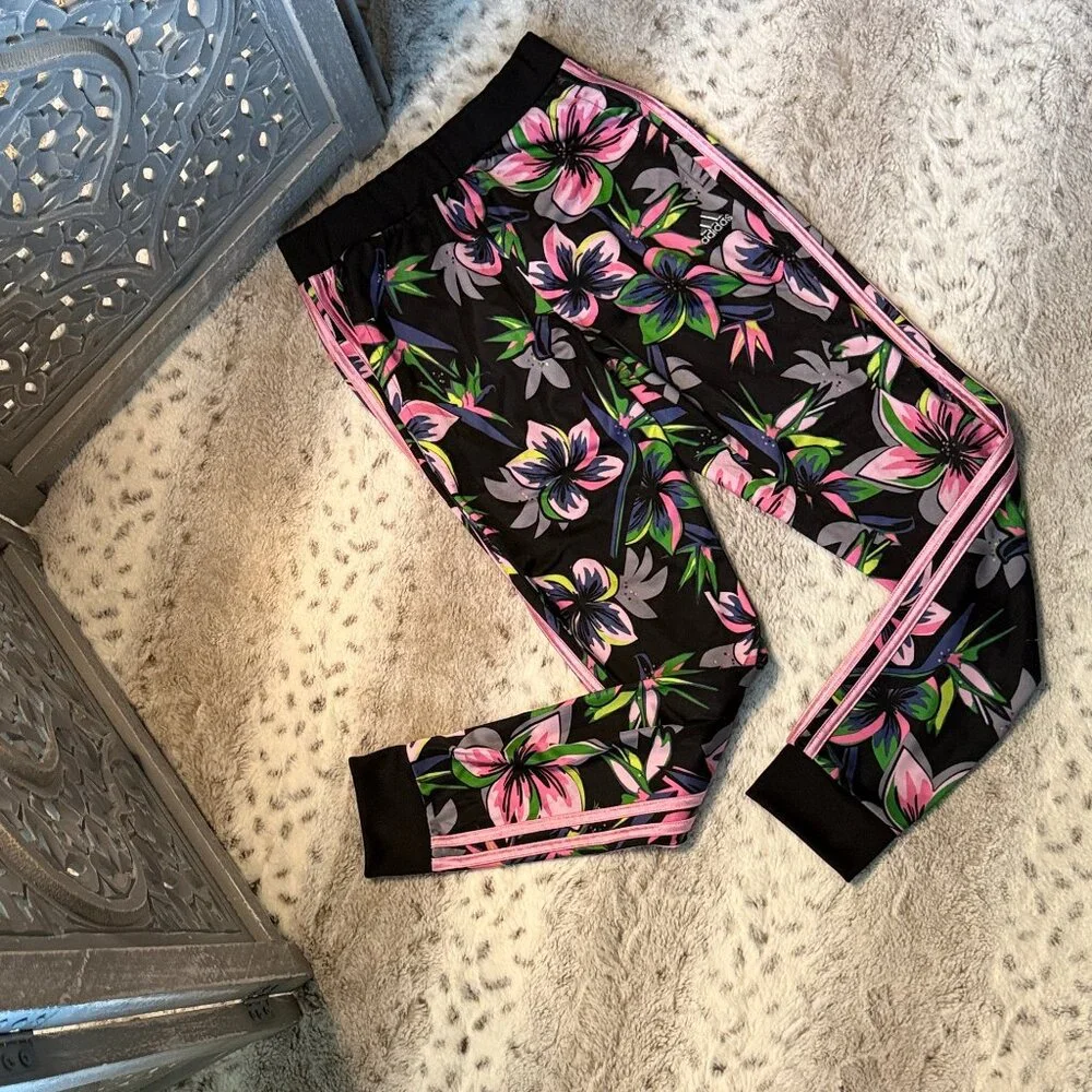 Adidas bright floral joggers girls size 14 sporty athletic activewear barbiecore